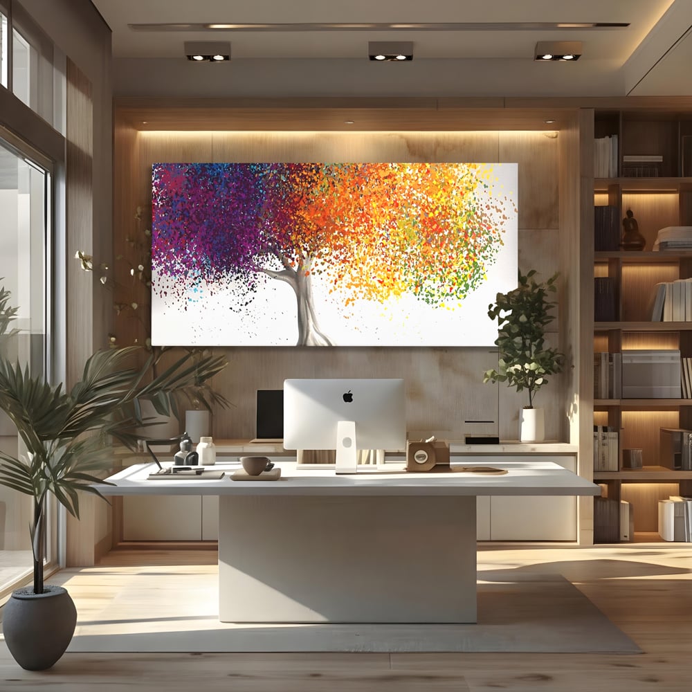 Tablou canvas cu tablou canvas cu un copac colorat, fara rama, pe sasiu de lemn, pe perete intr-un birou
